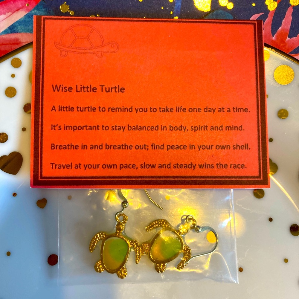Handmade earrings - resin filled Turtles. Message- find peace in your own shell.
